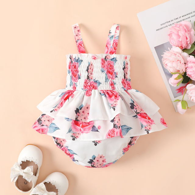 Baby Girl Allover Floral Print Smocked Ruffle Slip Romper