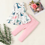 2pcs Baby Girl 95% Cotton Animal Print Bow Decor Ruffle Sleeveless Top and Solid Pants Set