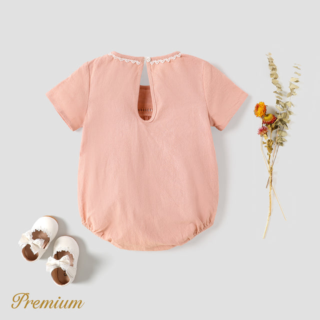 Baby Girl 100% Cotton Embroidered Round Neck Short-sleeve Romper