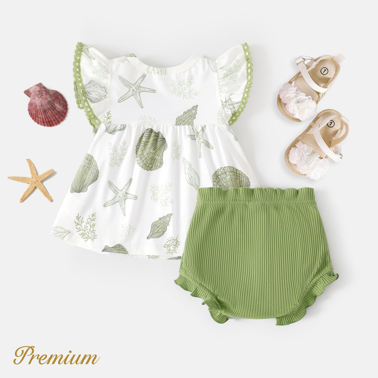 2pcs Baby Girl Naia™ Ocean Print Flutter-sleeve Top and Ruffle Trim Solid Shorts سیٹ