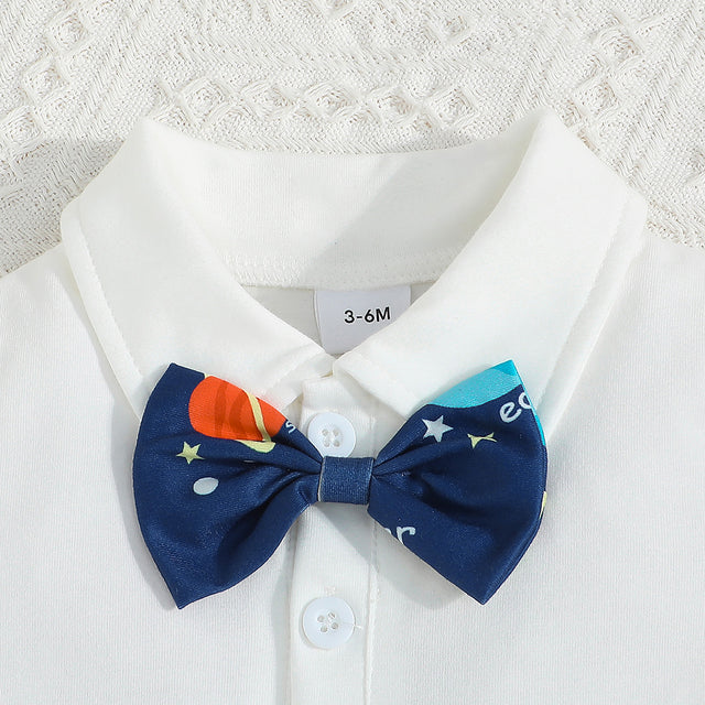 2pcs Baby Boy Bow Tie Decor Short-sleeve Polo Neck Top and Allover Print Suspender Shorts Set