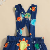 2pcs Baby Boy Bow Tie Decor Short-sleeve Polo Neck Top and Allover Print Suspender Shorts Set