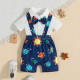 2pcs Baby Boy Bow Tie Decor Short-sleeve Polo Neck Top and Allover Print Suspender Shorts Set