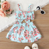 2pcs Baby Girl Floral Print Bow Decor Slip Top and Front Buttons Skirt Set