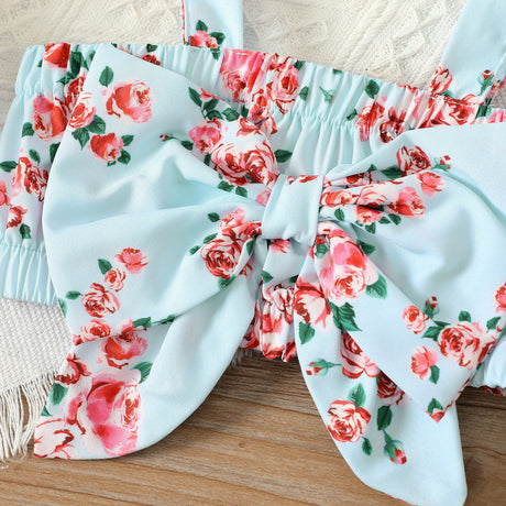 2pcs Baby Girl Floral Print Bow Decor Slip Top and Front Buttons Skirt Set