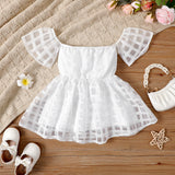 Toddler Girl White Plaid Off-Shoulder Short-sleeve Dress