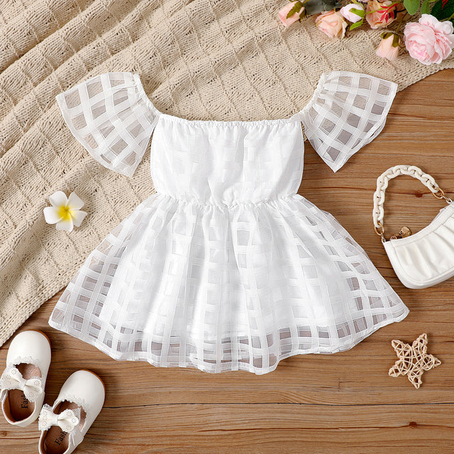 Toddler Girl White Plaid Off-Shoulder Short-sleeve Dress