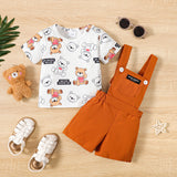 2pcs Baby Boy Allover Bears Print Short-sleeve Tee and Front Pocket Solid Strappy Overalls Set