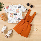 2pcs Baby Boy Allover Bears Print Short-sleeve Tee and Front Pocket Solid Strappy Overalls Set