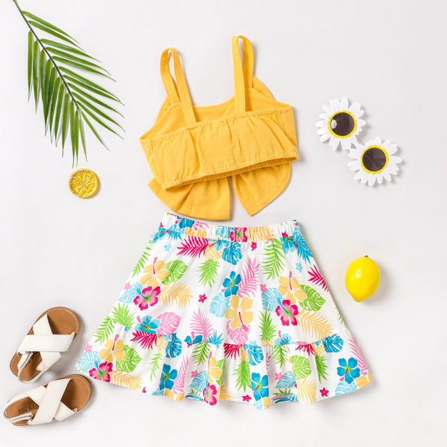 2pcs Toddler Girl 100% Cotton Bow Front Crop Camisole and Plant Floral Print Skirt Set