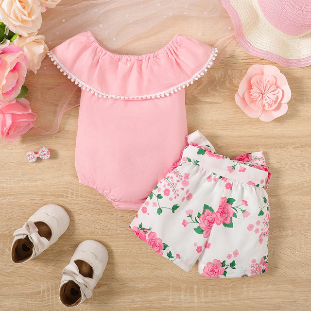 2pcs Baby Girl 95% Cotton Ruffle Solid Romper and Allover Floral Print Belted Shorts Set