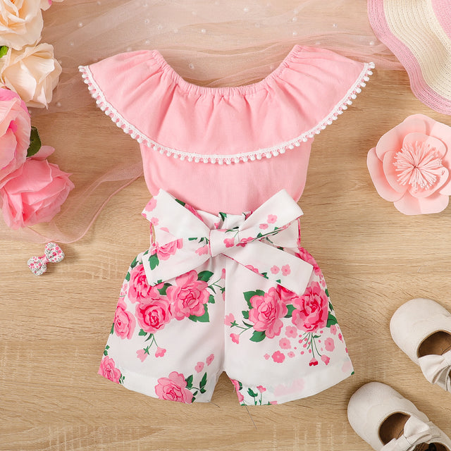 2pcs Baby Girl 95% Cotton Ruffle Solid Romper and Allover Floral Print Belted Shorts Set