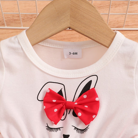 Baby Girl Bow Decor Rabbit Print Polka Dots Ruffle Dress