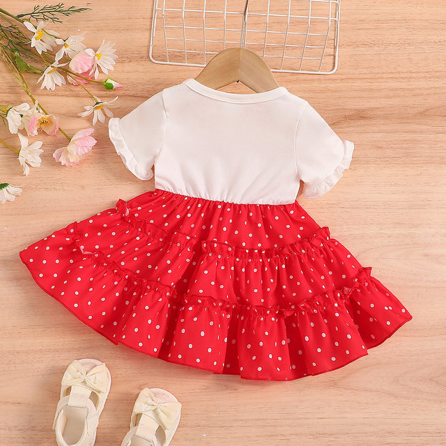 Baby Girl Bow Decor Rabbit Print Polka Dots Ruffle Dress