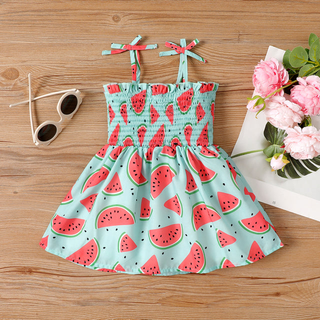 Baby Girl Allover Watermelon Print Smocked Bow Slip Dress