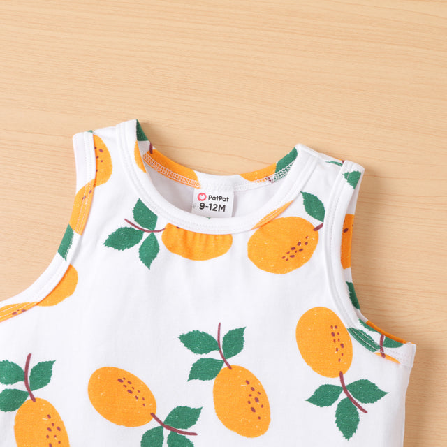 2pcs Baby Boy Fruit Print Tank Top and Oblique Button Shorts Set