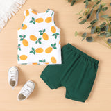 2pcs Baby Boy Fruit Print Tank Top and Oblique Button Shorts Set