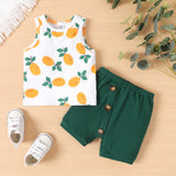 2pcs Baby Boy Fruit Print Tank Top and Oblique Button Shorts Set