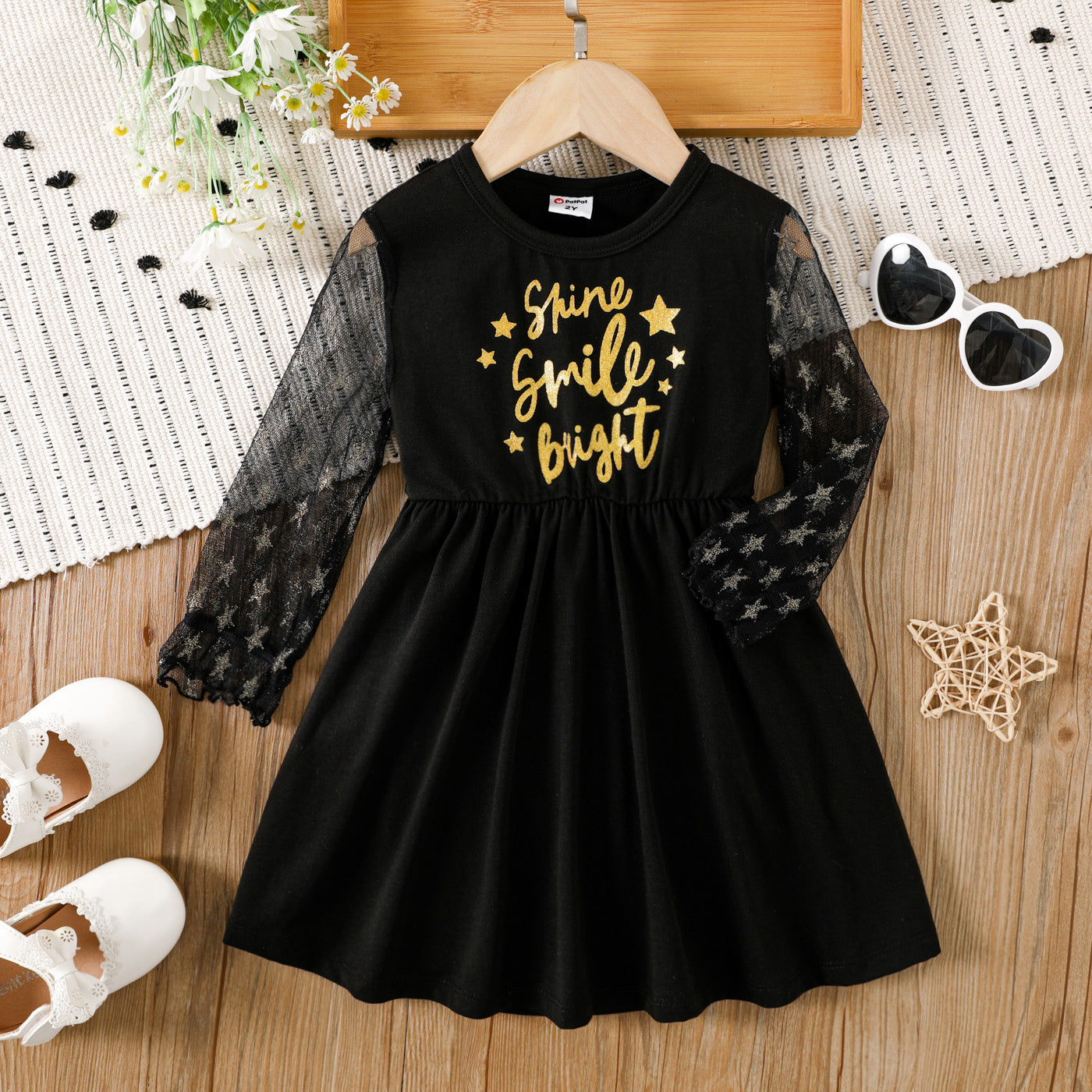 Toddler Girl Glitter Letter Graphic Mesh Long-sleeve Dress