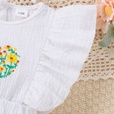 2pcs Baby Girl 100% Cotton Floral Embroidered Ruffle-sleeve Bodysuit and Headband Set