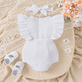 2pcs Baby Girl 100% Cotton Floral Embroidered Ruffle-sleeve Bodysuit and Headband Set