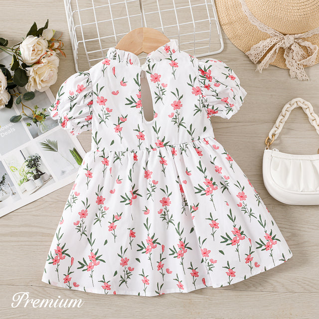 Baby Girl 100% Cotton Allover Floral Print Puff-sleeve Dress