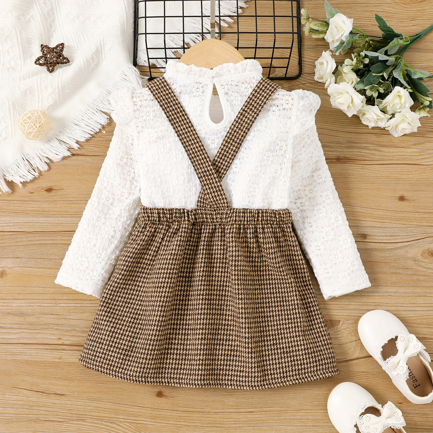 2pcs Toddler Girl Grid Button Details Long Sleeve Suit-Dress