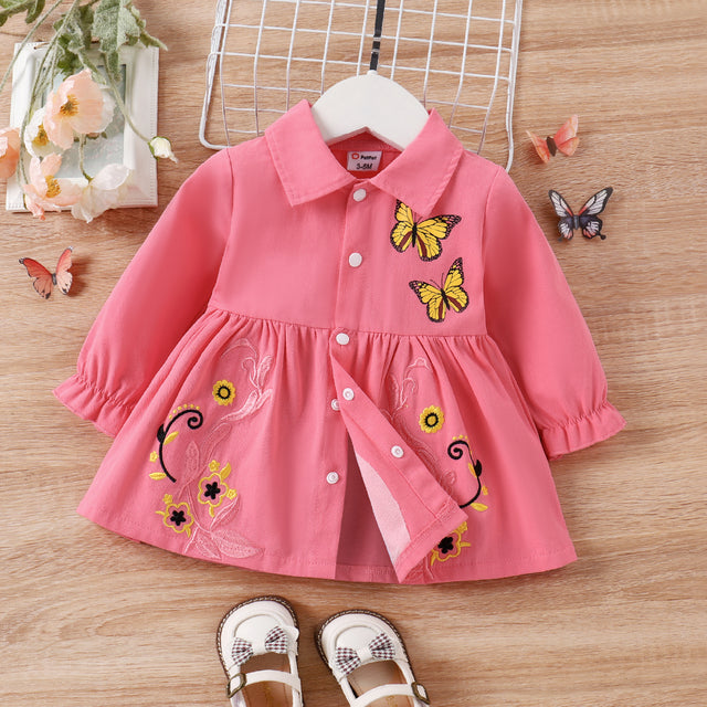 100% Cotton Baby Girl Butterfly Graphic Floral Embroidered Button Up Coat