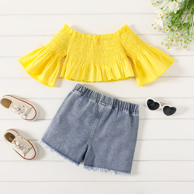 2pcs Toddler Girl 100% Cotton Off-Shoulder Smocked Top and Sunflower Print Denim Shorts Set