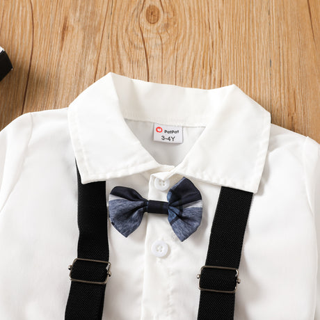 2pcs Toddler Boy Bow Tie Long-sleeve Shirt and Plaid Suspender Pants Set