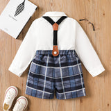 2pcs Toddler Boy Bow Tie Long-sleeve Shirt and Plaid Suspender Pants Set