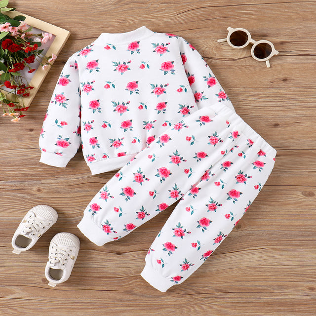 2pcs Baby Girl Allover Floral & Letters Graphic Zipper Long-sleeve Sweatshirt and Pants Set