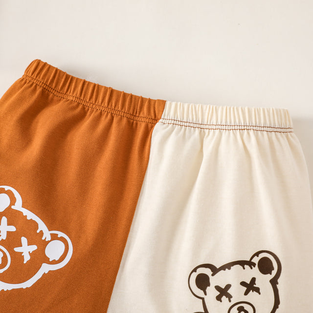 2pcs Baby Boy Bear Print Two Tone Panel Short-sleeve Tee and Shorts Set