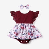 2pcs Baby Girl 95% Cotton Lace Flutter - sleeve Floral Print Romper with Headband Set - MomYom PK