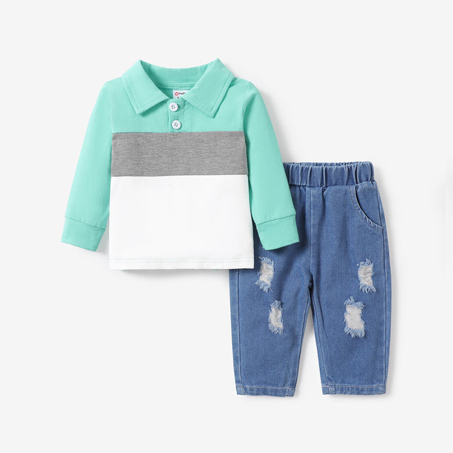 2pcs Baby Boy Solid Color Block Design Denim Set