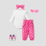 3PCS Baby Girl Sweet  Letter Pattern Flutter Sleeve Top/ Heart Print Bottom/ Headband