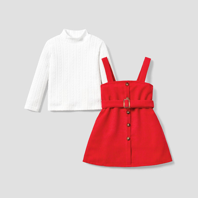 2pcs Toddler Girl Mock Neck Textured White Tee and Button Design Belted Red Overall Dress Set - MomYom PK