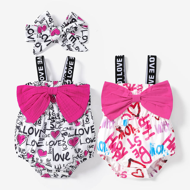 Naia™ Baby Girl Bow Front Allover Letter Print Strap Romper