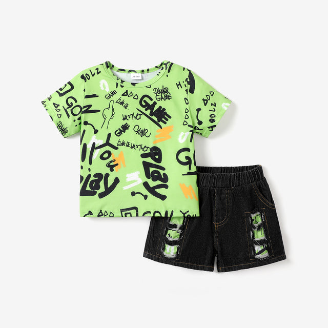 2pcs Toddler Boy Trendy Ripped Denim Shorts and Letter Print Tee Set - MomYom PK