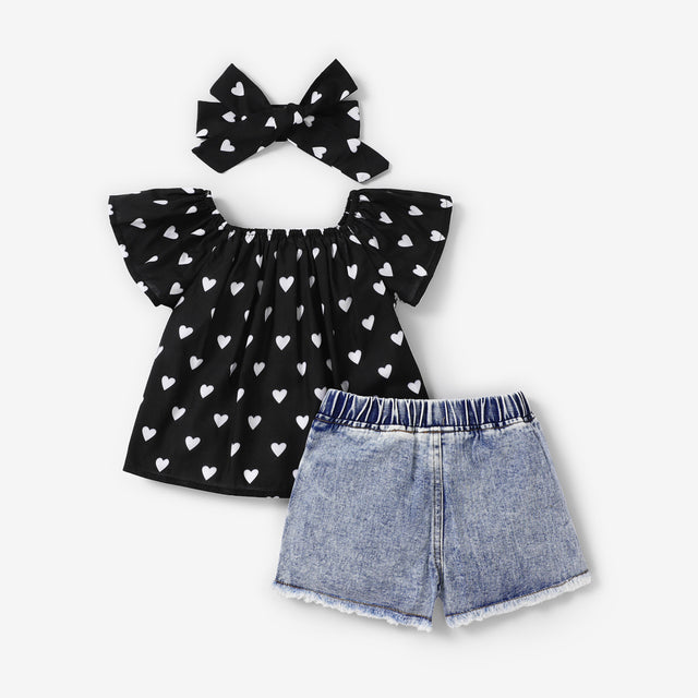 3pcs Toddler Girl Heart Print Off Shoulder Blouse and Denim Shorts & Headband Set - MomYom PK