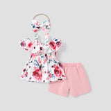 2pcs Baby Girl 95% Cotton Ruffle Solid Romper and Allover Floral Print Belted Shorts Set