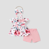 2pcs Baby Girl 95% Cotton Ruffle Solid Romper and Allover Floral Print Belted Shorts Set