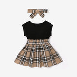 2pcs Baby Girl Short - sleeve Letter Print Spliced Plaid Dress & Headband Set - MomYom PK