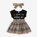 2pcs Baby Girl Short - sleeve Letter Print Spliced Plaid Dress & Headband Set - MomYom PK