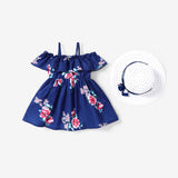 2pcs Baby Girl Floral Print Blue Sleeveless Spaghetti Strap Ruffle Dress with Hat Set - MomYom PK