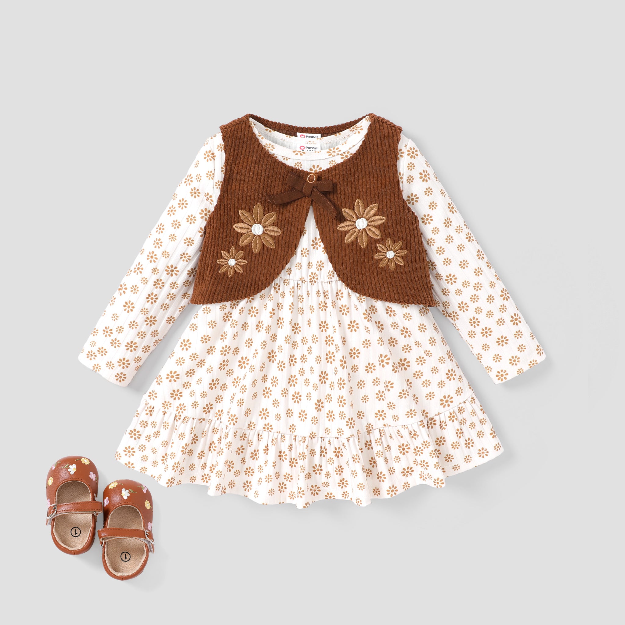 2pcs Baby Girl Vintage Style Vest and Broken Flower Pattern Dress Set