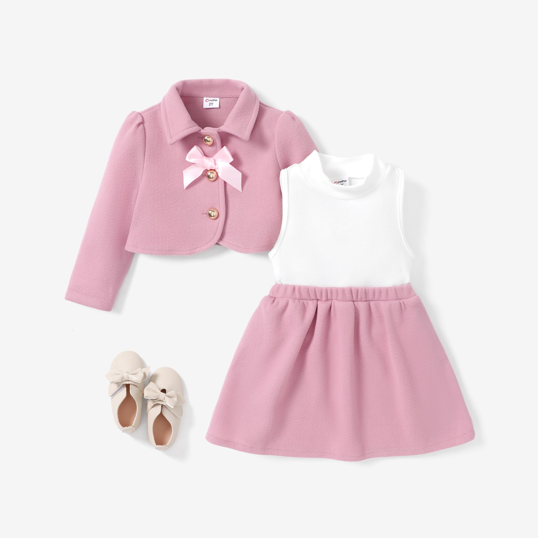 2pcs Toddler Girl's Sweet Preppy style Button desgin Solid Color Dress Set