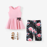 2pcs Kid Girl Bowknot Design Sleeveless Tee and Floral Print Leggings Shorts Set - MomYom PK