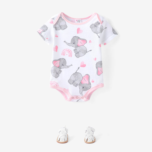 3 - Pack Baby Girl/Boy Elephant Print/Solid Color Short - sleeve Rompers - MomYom PK