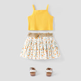 3pcs Toddler Girl Sweet Ribbed Crop Camisole and Floral Print Pleated Skirt & Belt Set - MomYom PK